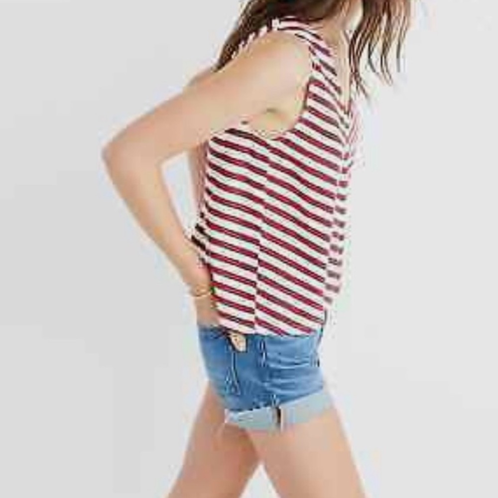 Madewell | Chevron Stripe Swingy Red Cream Blue Linen Blend Crop V-Neck Tank Top